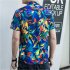 Men Summer Short Sleeves T shirt Fashion Hawaiian Printing Lapel Tops Casual Large Size Beach Shirts blue M