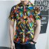 Men Summer Short Sleeves T shirt Fashion Hawaiian Printing Lapel Tops Casual Large Size Beach Shirts blue M