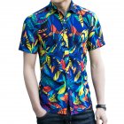 Men Summer Short Sleeves T-shirt Fashion Hawaiian Printing Lapel Tops Casual Large Size Beach Shirts blue L
