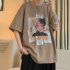 Men Summer Short Sleeves T shirt Trendy Round Neck Pullover Tops Retro Cartoon Printing Loose Casual Shirt White L