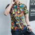 Men Summer Short Sleeves T shirt Fashion Hawaiian Printing Lapel Tops Casual Large Size Beach Shirts dark brown L