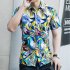 Men Summer Short Sleeves T shirt Fashion Hawaiian Printing Lapel Tops Casual Large Size Beach Shirts dark brown L