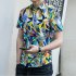 Men Summer Short Sleeves T shirt Fashion Hawaiian Printing Lapel Tops Casual Large Size Beach Shirts dark brown L
