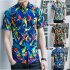Men Summer Short Sleeves T shirt Fashion Hawaiian Printing Lapel Tops Casual Large Size Beach Shirts dark brown L