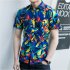 Men Summer Short Sleeves T shirt Fashion Hawaiian Printing Lapel Tops Casual Large Size Beach Shirts dark brown L