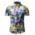 Men Summer Short Sleeves T shirt Fashion Hawaiian Printing Lapel Tops Casual Large Size Beach Shirts dark brown L