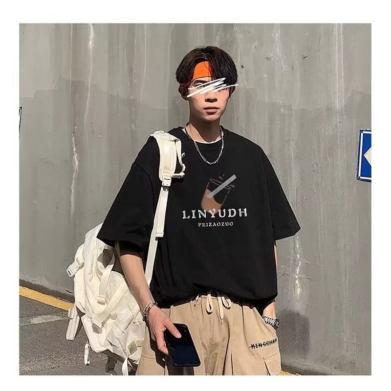 Men Summer Short Sleeves T-shirt Round Neck Fashion Printed Pullover Tops Large Size Casual Loose Shirt black 4XL