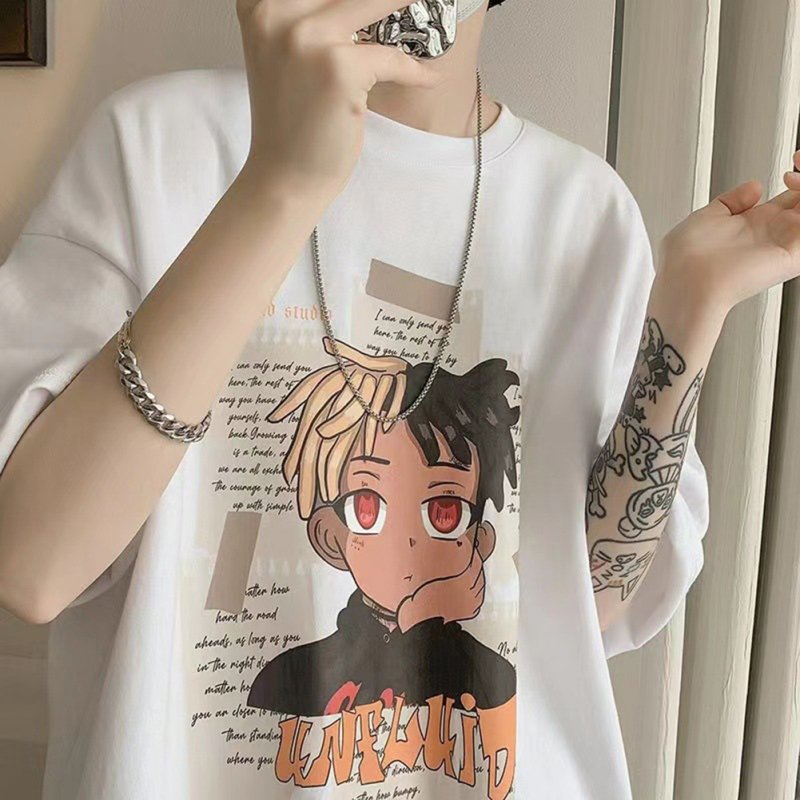 Men Summer Short Sleeves T-shirt Trendy Round Neck Pullover Tops Retro Cartoon Printing Loose Casual Shirt White 4XL