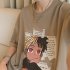 Men Summer Short Sleeves T shirt Trendy Round Neck Pullover Tops Retro Cartoon Printing Loose Casual Shirt White 4XL