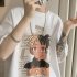 Men Summer Short Sleeves T shirt Trendy Round Neck Pullover Tops Retro Cartoon Printing Loose Casual Shirt White 4XL