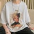 Men Summer Short Sleeves T shirt Trendy Round Neck Pullover Tops Retro Cartoon Printing Loose Casual Shirt White 4XL
