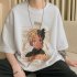Men Summer Short Sleeves T shirt Trendy Round Neck Pullover Tops Retro Cartoon Printing Loose Casual Shirt White 4XL