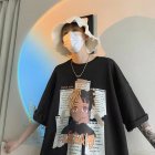 Men Summer Short Sleeves T shirt Trendy Round Neck Pullover Tops Retro Cartoon Printing Loose Casual Shirt black 5XL