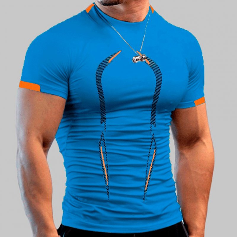 Men Summer Short Sleeves T-shirt Fashion Breathable Quick-drying Slim Fit Tops For Sports Fitness Training sapphire blue 2XL