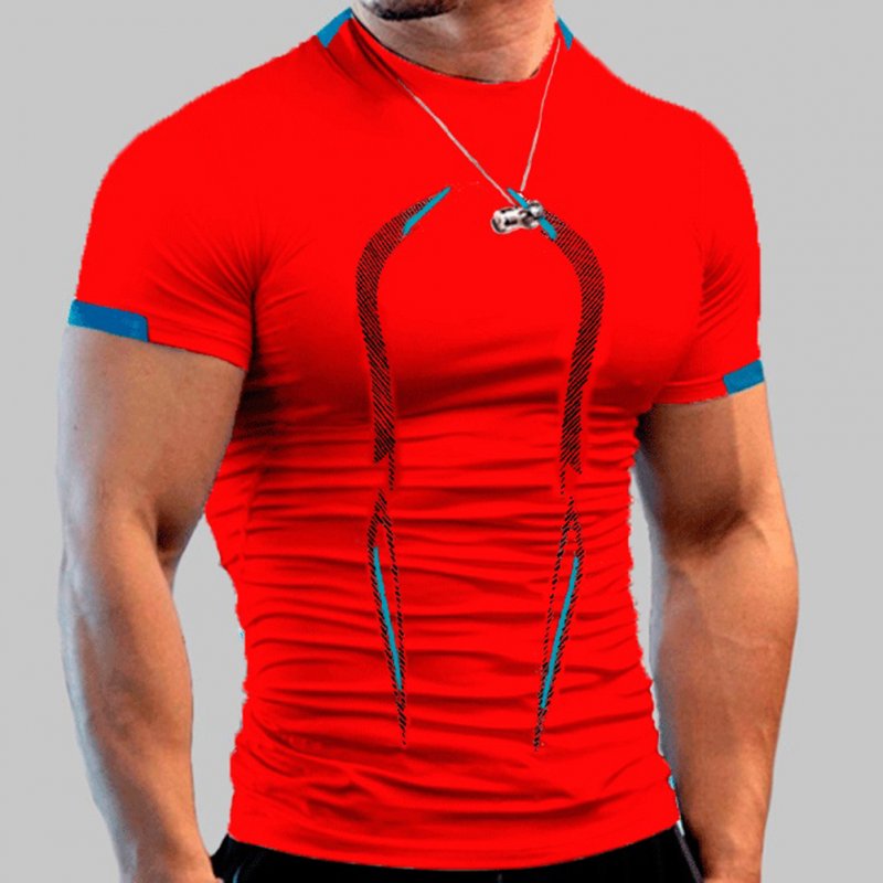 Men Summer Short Sleeves T-shirt Fashion Breathable Quick-drying Slim Fit Tops For Sports Fitness Training red XL