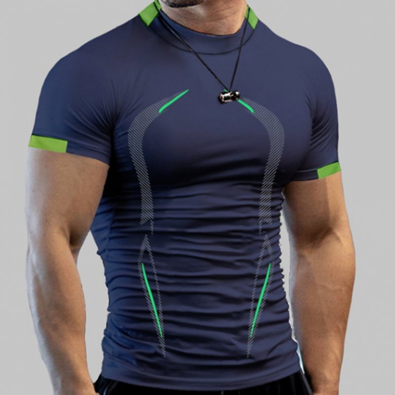 Men Summer Short Sleeves T-shirt Fashion Breathable Quick-drying Slim Fit Tops For Sports Fitness Training navy blue XL