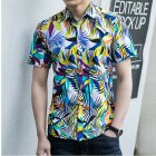 Men Summer Short Sleeves T-shirt Fashion Hawaiian Printing Lapel Tops Casual Large Size Beach Shirts White L