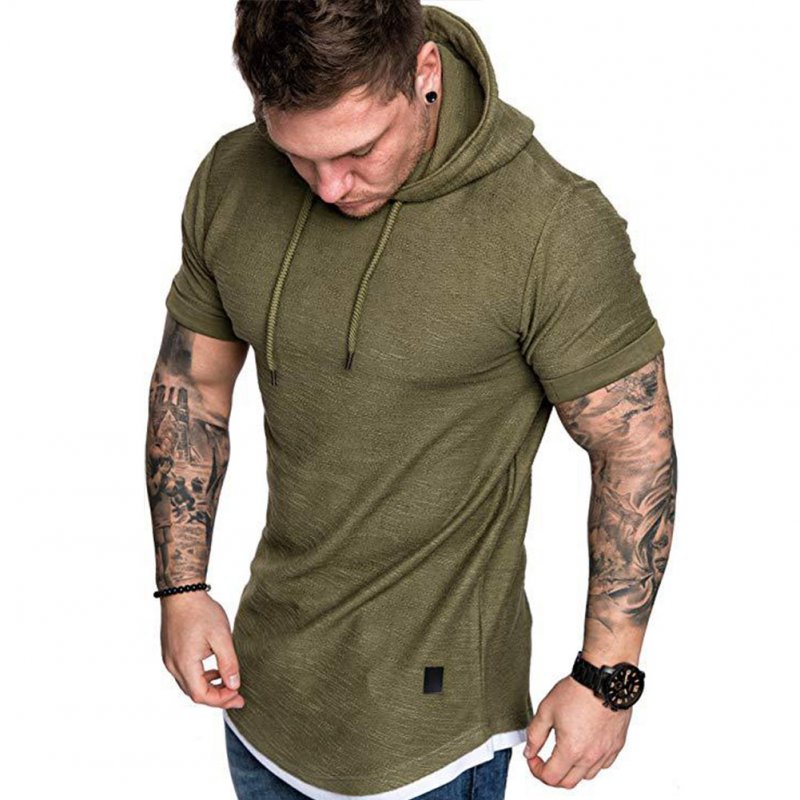 Men Summer Simple Solid Color Hooded Breathable Sports T-shirt Army Green_M