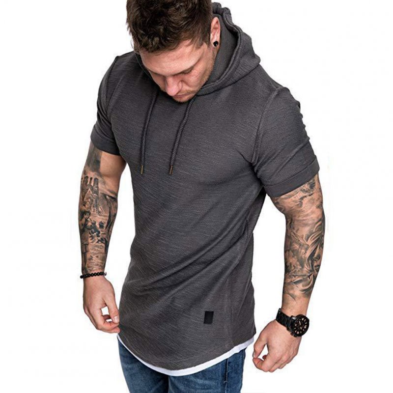 Men Summer Simple Solid Color Hooded Breathable Sports T-shirt Dark gray_L