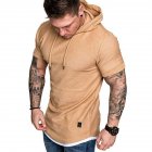 Men Summer Simple Solid Color Hooded Breathable Sports T-shirt Khaki_L