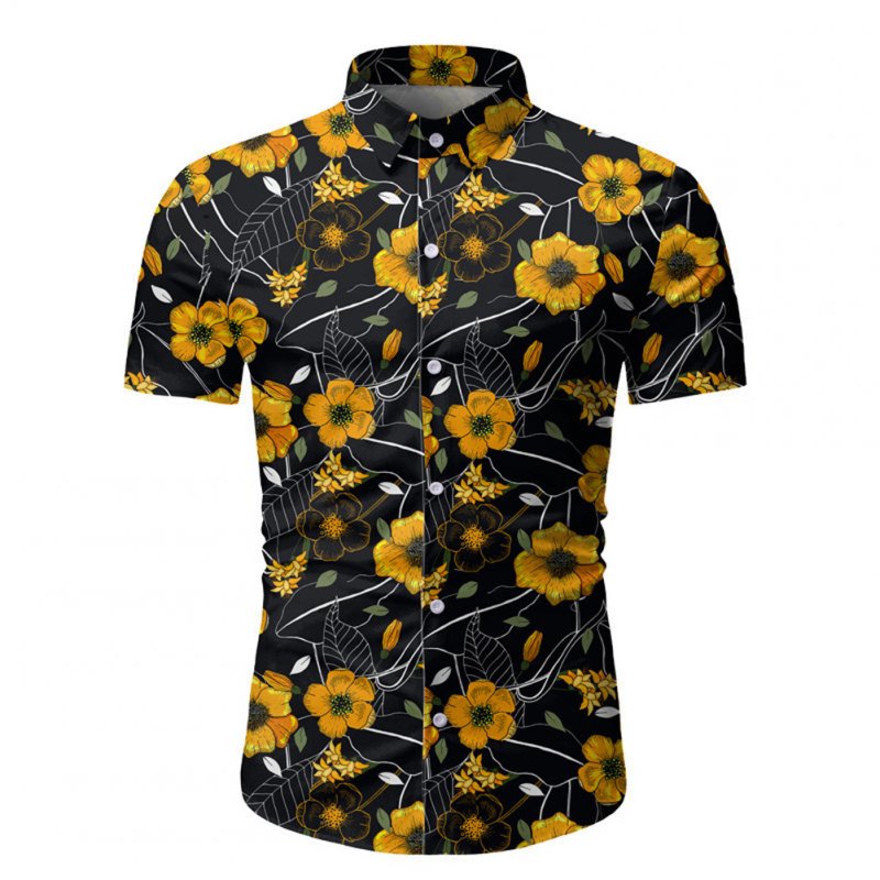 Men Summer Spring Flower Printing Fashion Soft Cotton Breathable Slim Shirt Top Photo Color_M