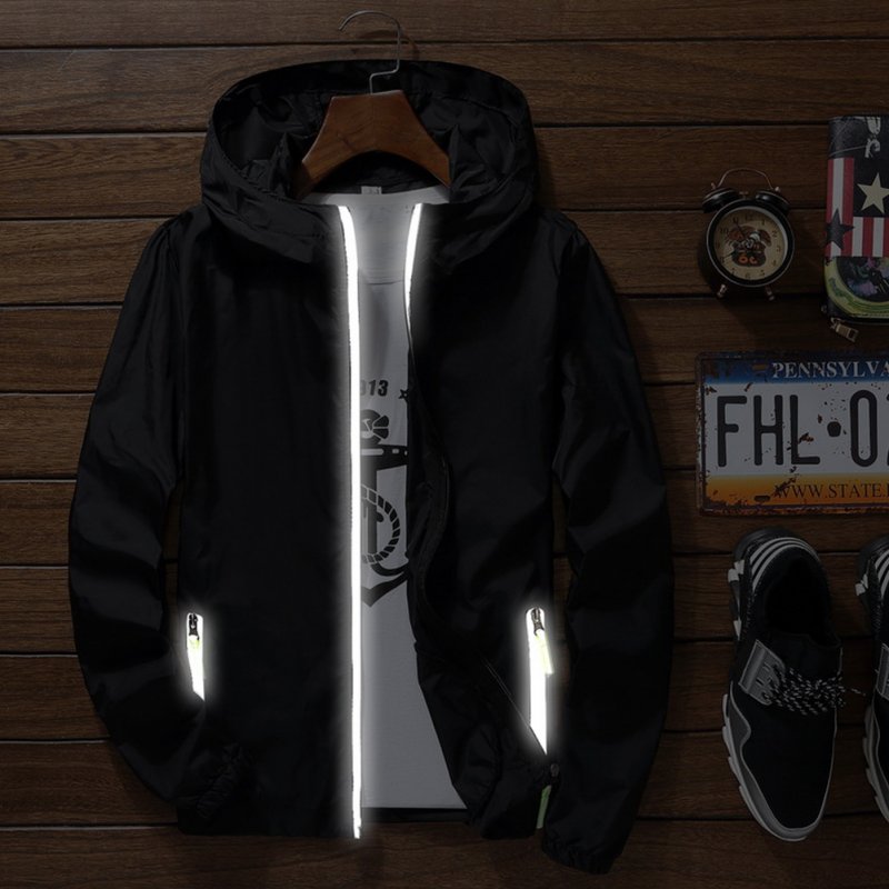 Men Sun Protection Coat Solid Color Quick-drying Hooded Sunscreen Shirt With Reflective Strip 615 black XL