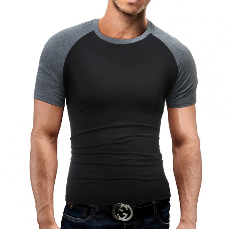 Men T Shirt Round Neck Pullover Contrast Color Tops Fashion Slim Fit Short Sleeve Shirts black with dark grey_L