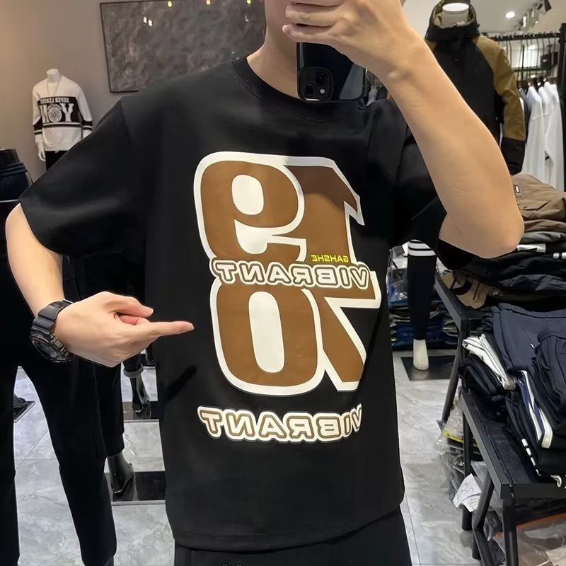 Men T-shirt Fashion Letters Printing Summer Round Neck Short Sleeves Tops Casual Large Size Shirt black 3XL