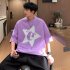 Men T shirt Retro Trendy Printing Half Sleeves Round Neck Tops Loose Large Size Casual Shirt Purple L