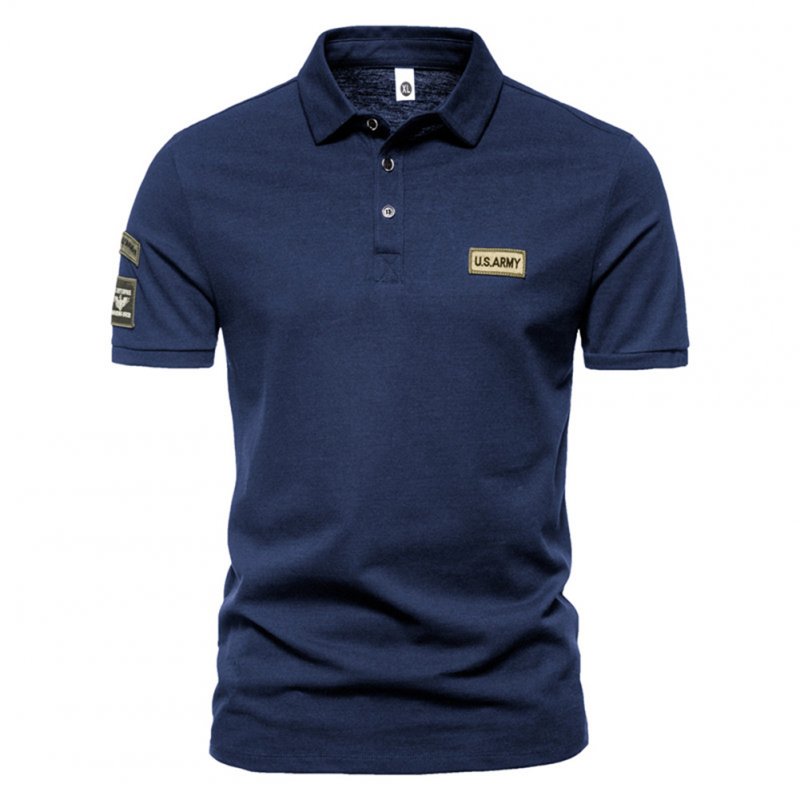 Men  T-shirt Summer Fashion Outdoor Style Label Printing Short-sleeved Lapel Shirt Navy blue_XL