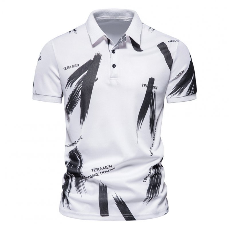 Men  T-shirt Summer Ink Letters Printed Short-sleeved Rib-knit Cuff Lapel Shirt White_XL