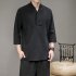 Men V neck Cotton Linen T shirt Summer Chinese Style Slim Fit Large Size Tops Simple Solid Color Casual Shirt coffee color 2XL