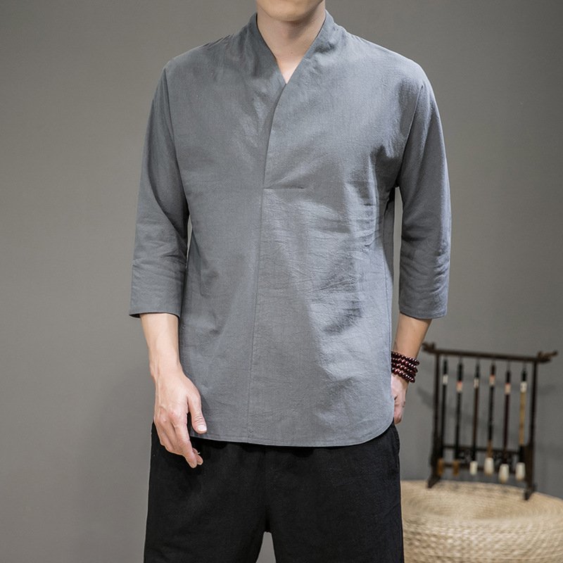 Mens Slim Fit Cotton V-Neck Long Sleeve Casual T-Shirts Tops Button-down  Shirts