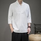 Men V-neck Cotton Linen T-shirt Summer Chinese Style Slim Fit Large Size Tops Simple Solid Color Casual Shirt White M