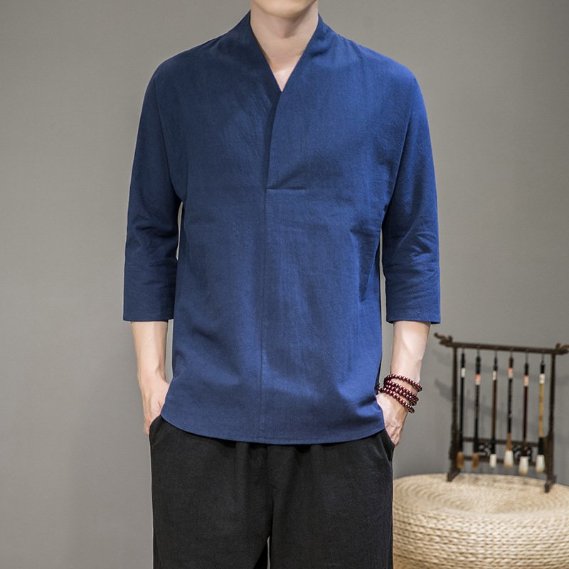 Men V-neck Cotton Linen T-shirt Summer Chinese Style Slim Fit Large Size Tops Simple Solid Color Casual Shirt blue 2XL