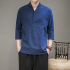 Men V-neck Cotton Linen T-shirt Summer Chinese Style Slim Fit Large Size Tops Simple Solid Color Casual Shirt blue 3XL