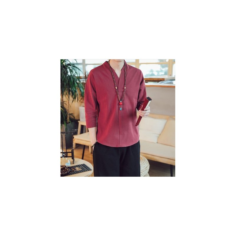 Men V-neck Cotton Linen T-shirt Summer Chinese Style Slim Fit Large Size Tops Simple Solid Color Casual Shirt wine red 3XL