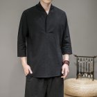 Men V-neck Cotton Linen T-shirt Summer Chinese Style Slim Fit Large Size Tops Simple Solid Color Casual Shirt black XL