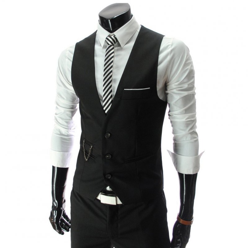 Men V-neck Fashion Slim Fit Suit Solid Color Casual Waistcoat black_L