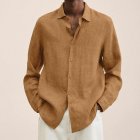 Men V-neck Long Sleeves T-Shirt Casual Loose Large Size Tops Simple Cotton Linen Solid Color Lapel Shirt Turmeric M