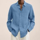 Men V-neck Long Sleeves T-Shirt Casual Loose Large Size Tops Simple Cotton Linen Solid Color Lapel Shirt light blue M