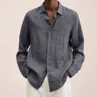 Men V-neck Long Sleeves T-Shirt Casual Loose Large Size Tops Simple Cotton Linen Solid Color Lapel Shirt grey M