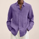 Men V-neck Long Sleeves T-Shirt Casual Loose Large Size Tops Simple Cotton Linen Solid Color Lapel Shirt Purple M