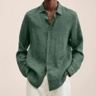 Men V-neck Long Sleeves T-Shirt Casual Loose Large Size Tops Simple Cotton Linen Solid Color Lapel Shirt green M