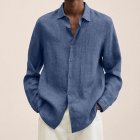 Men V-neck Long Sleeves T-Shirt Casual Loose Large Size Tops Simple Cotton Linen Solid Color Lapel Shirt blue M
