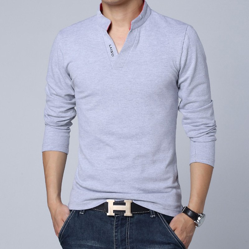 Wholesale Men V-neck T-shirt Fashion Sleeves Slim Fit Solid Color Casual Large Pullover Thin Tops grey M From China