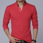 Men V-neck T-shirt Fashion Long Sleeves Slim Fit Solid Color Shirt Casual Large Size Pullover Thin Tops red M