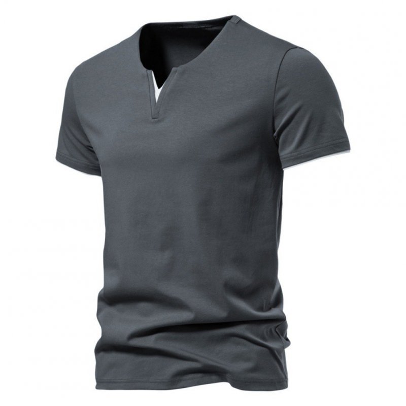 Men V-neck T-shirt Short-sleeved Solid Color Casual Fake Two-piece Bottoming Shirt dark gray XL