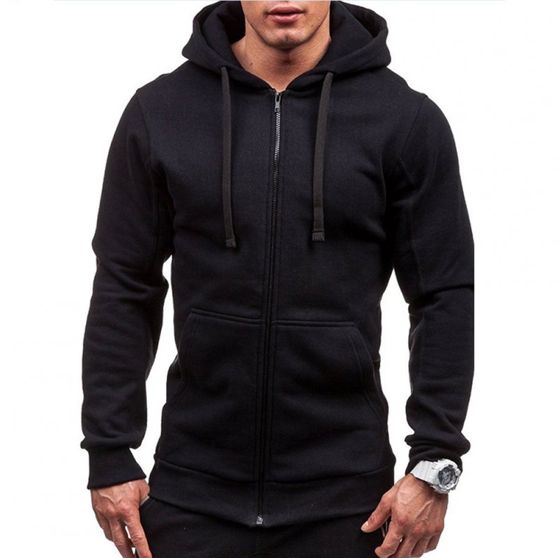 Men Warm Solid Color Zipper Slim Fleeced Hooded Sweatshirt black_M