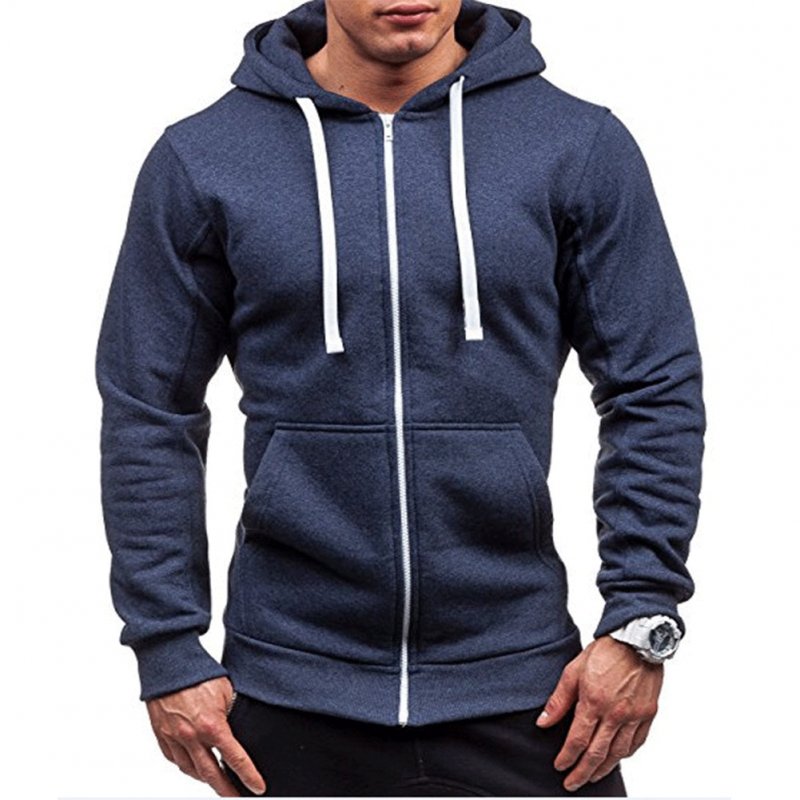 Men Warm Solid Color Zipper Slim Fleeced Hooded Sweatshirt Navy_M